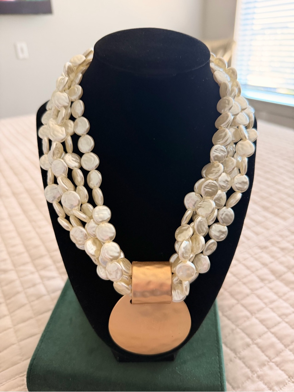 Vintage Cream Multi-Strand Coin Necklace with Gold Disc Pendant